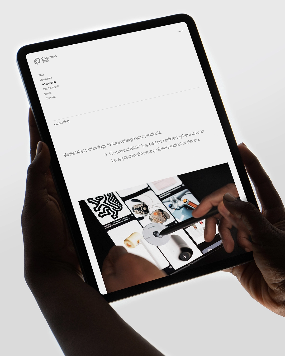Command Stick - Tablet displaying the command stick website